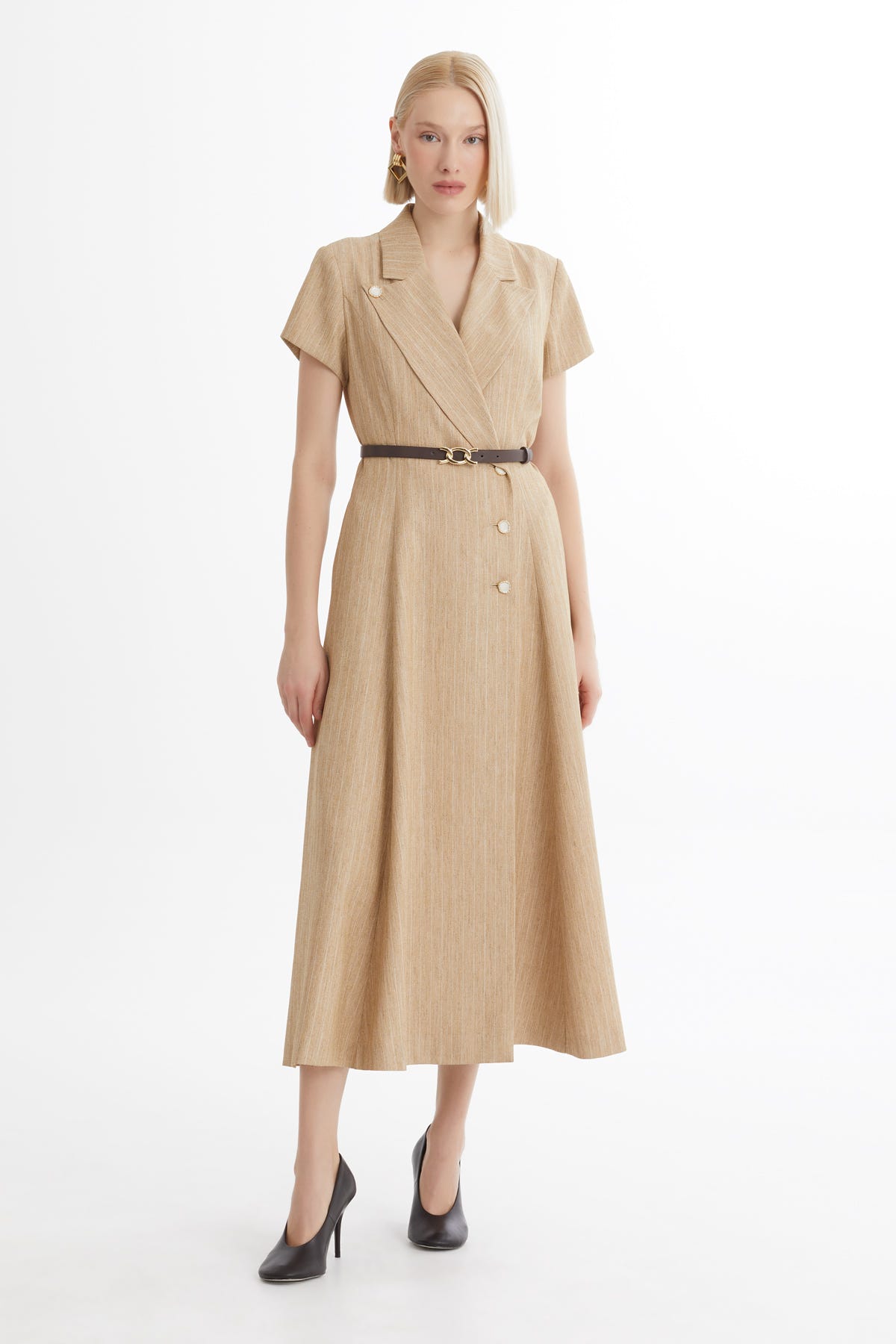 Kemerli Volanlı Kahverengi Elbise