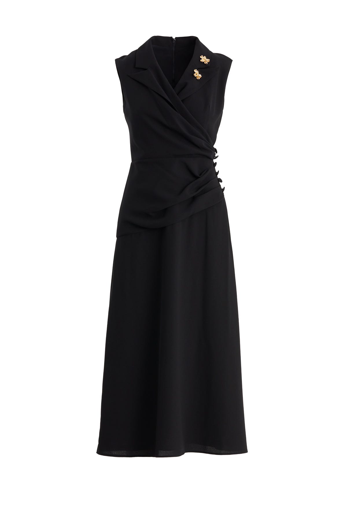 Belden Pileli Broş Detaylı Midi Siyah Elbise