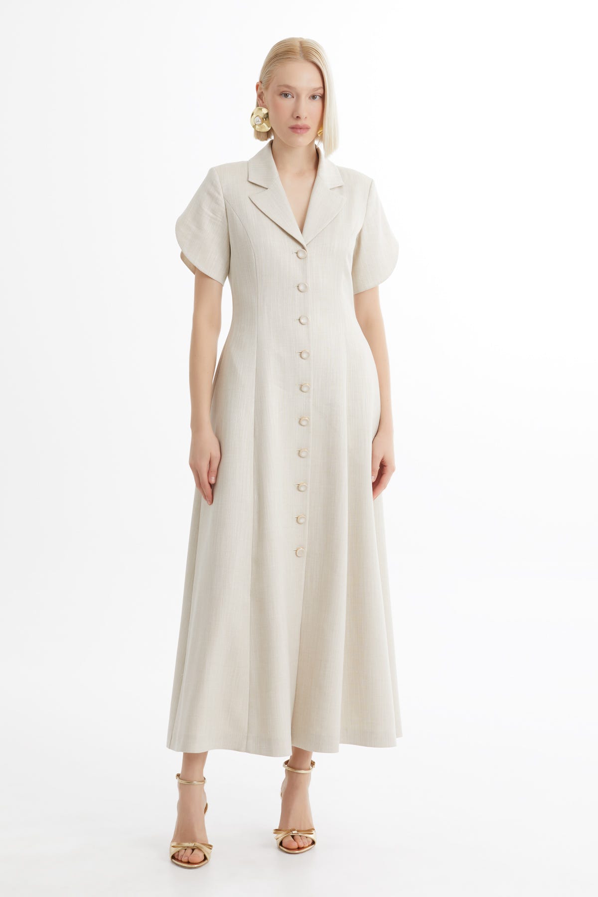 Kısa Kollu Volanlı Midi Ekru Elbise