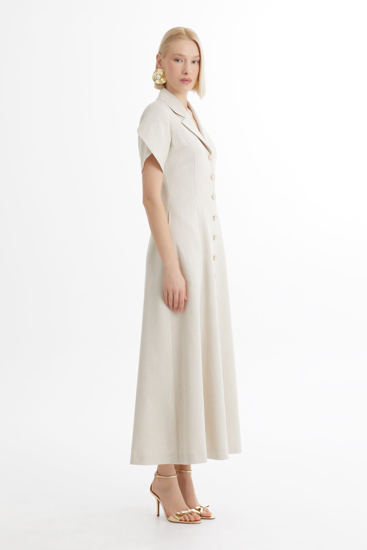 Kısa Kollu Volanlı Midi Ekru Elbise