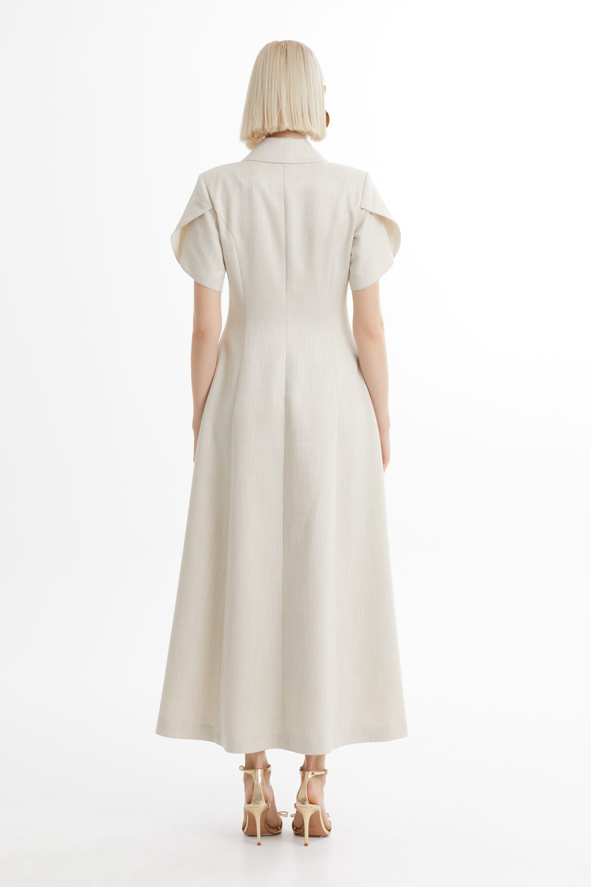 Kısa Kollu Volanlı Midi Ekru Elbise