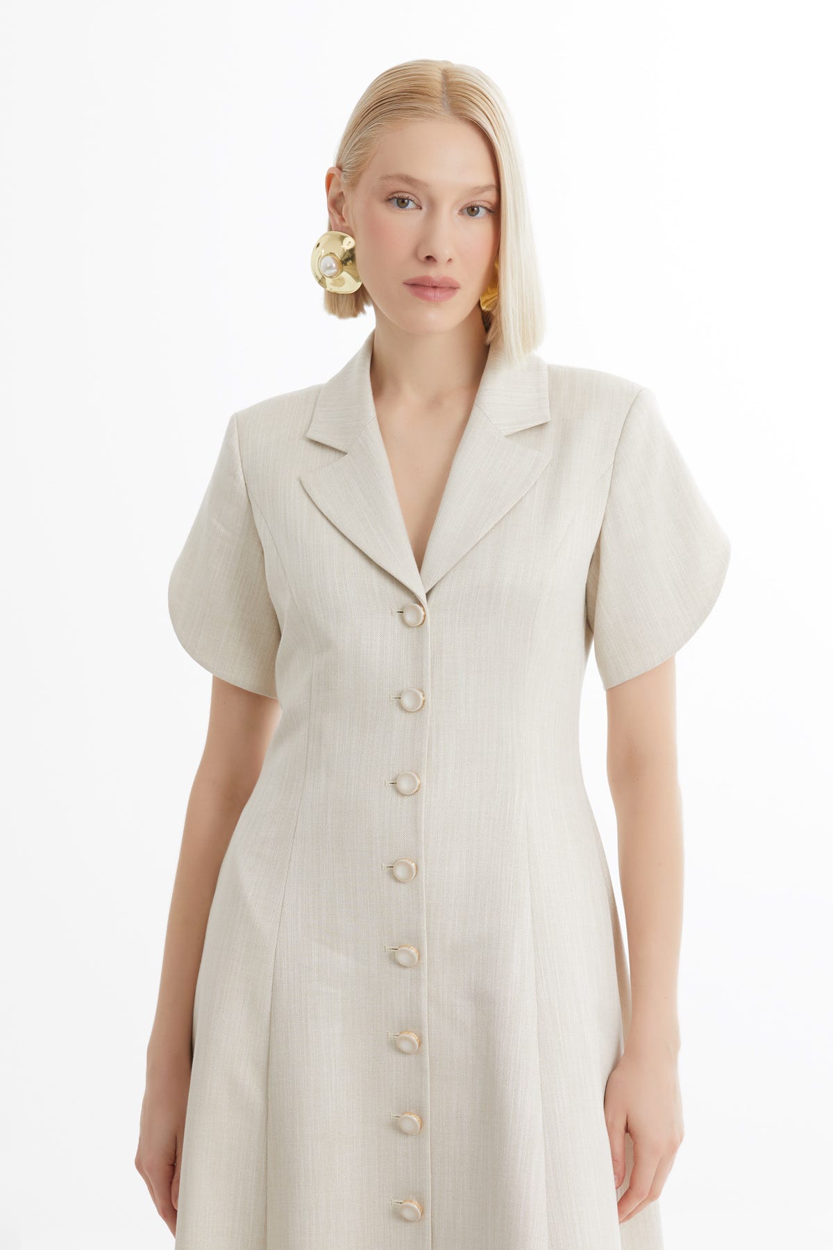 Kısa Kollu Volanlı Midi Ekru Elbise