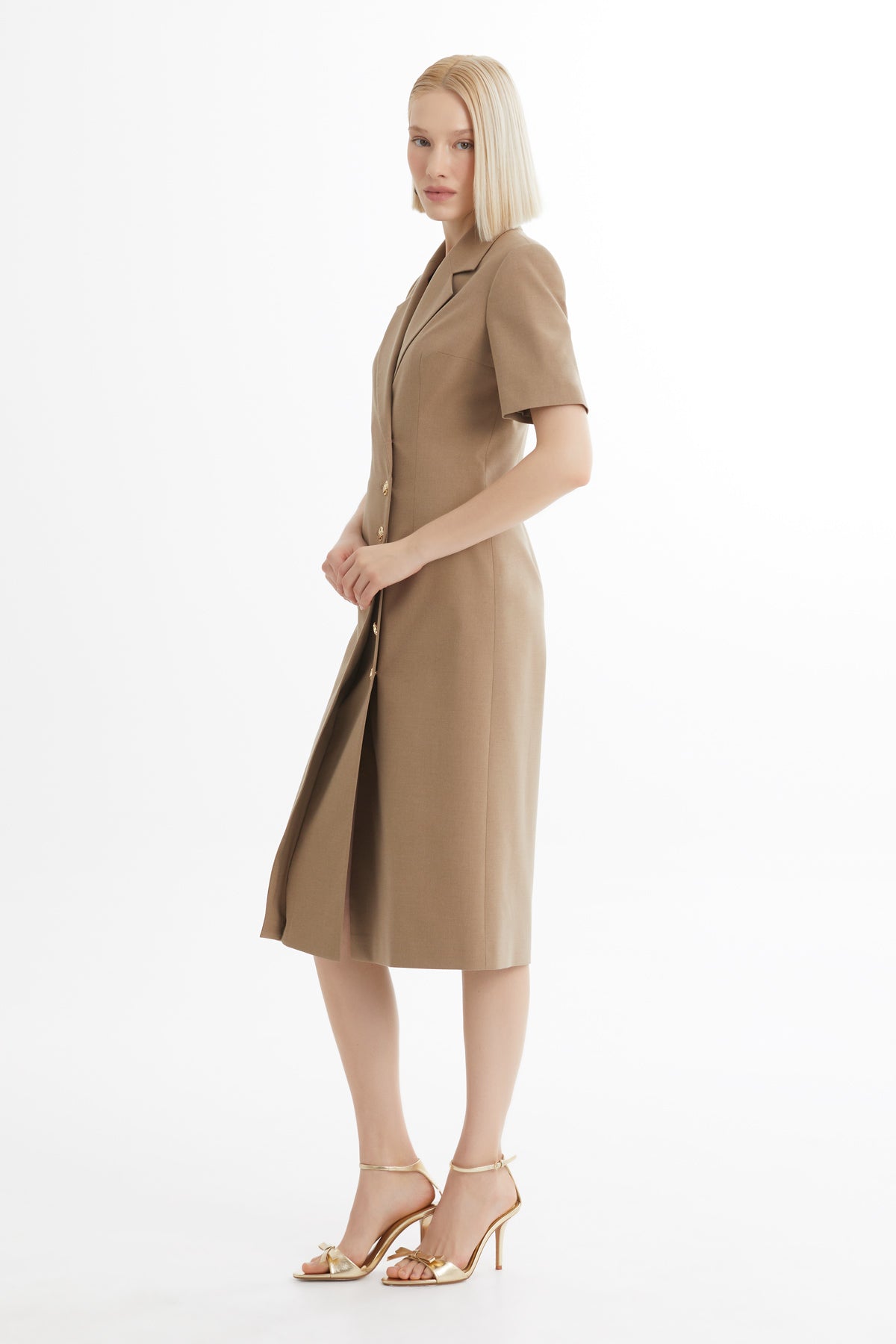 Kısa Kollu Midi Boy Bej Elbise