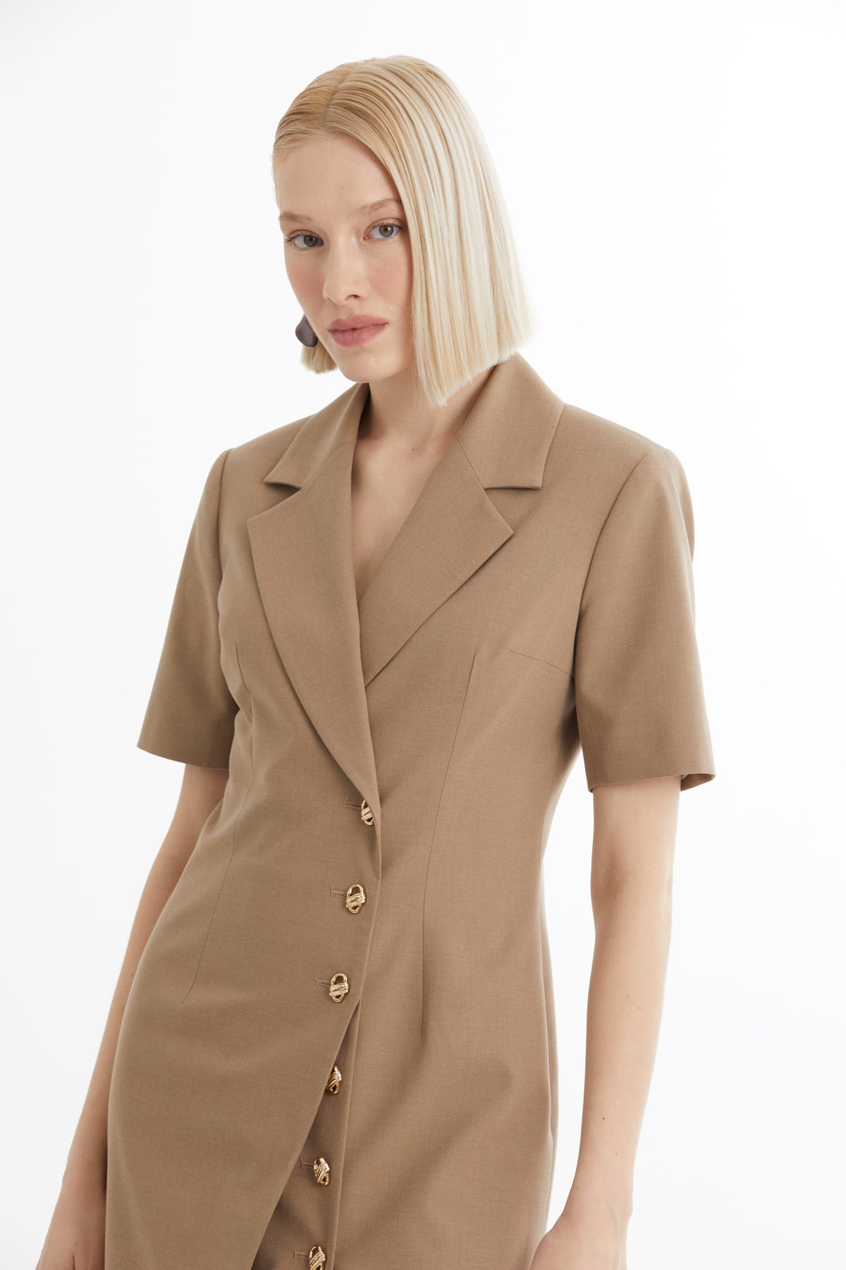 Kısa Kollu Midi Boy Bej Elbise