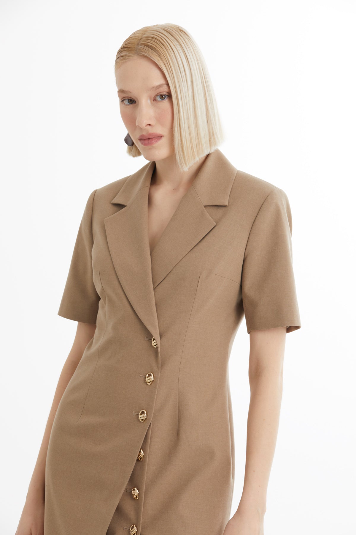 Kısa Kollu Midi Boy Bej Elbise