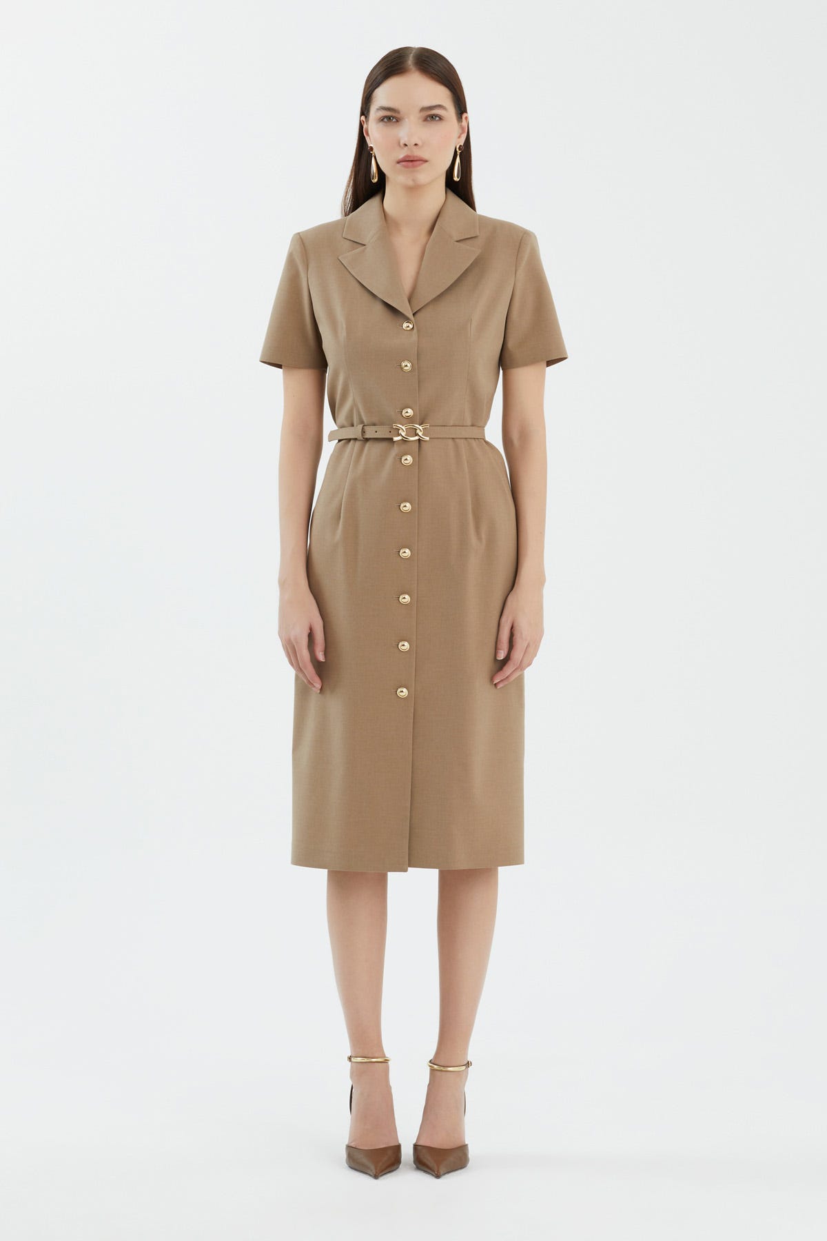 Kısa Kollu Kemerli Midi Boy Bej Elbise