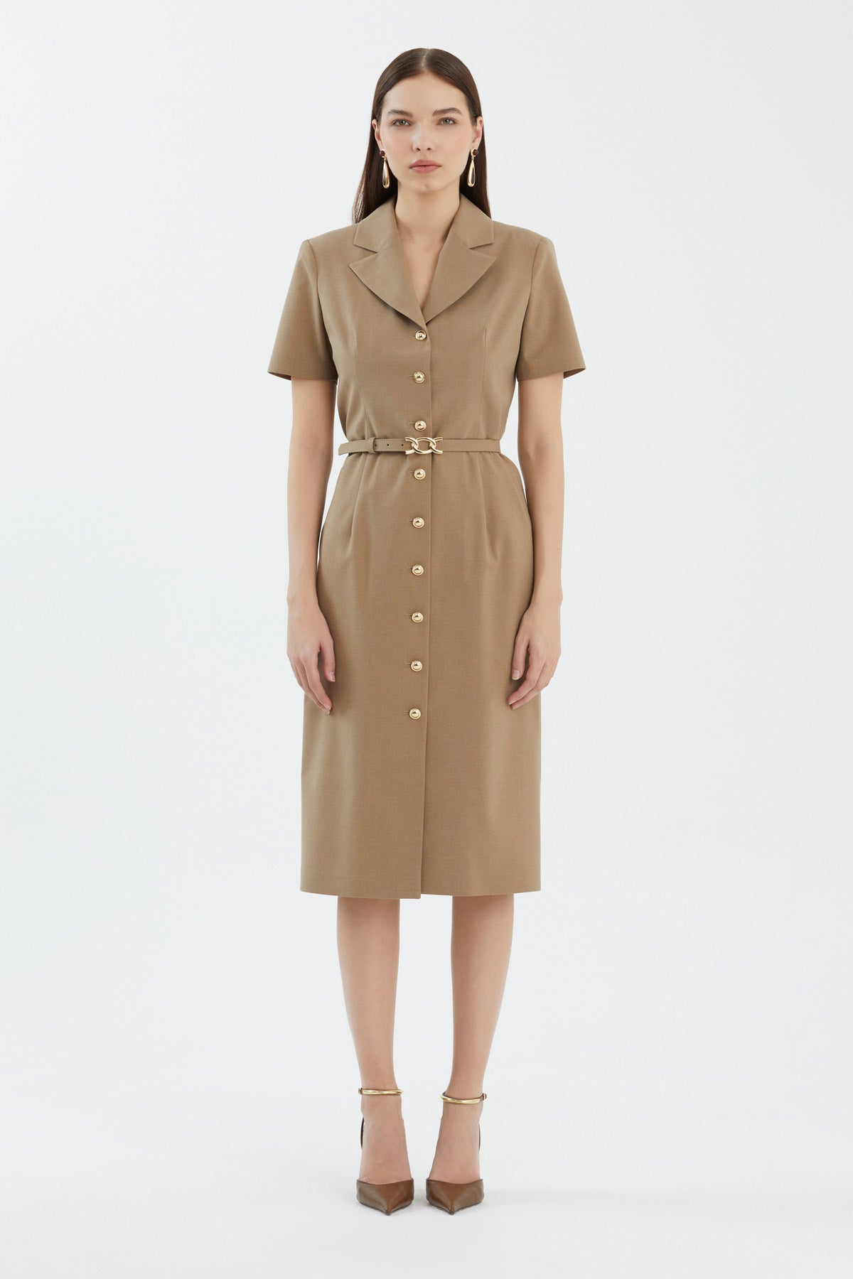 Kısa Kollu Kemerli Midi Boy Bej Elbise
