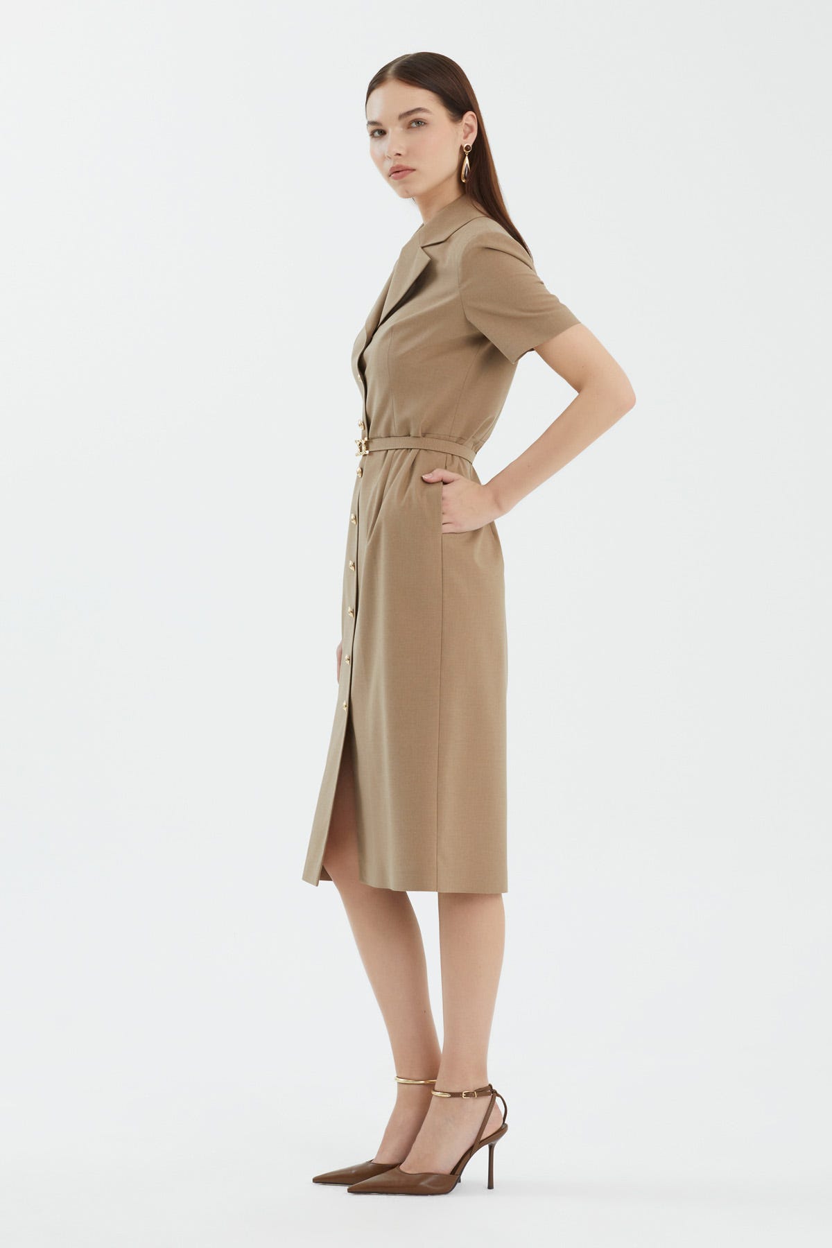 Kısa Kollu Kemerli Midi Boy Bej Elbise
