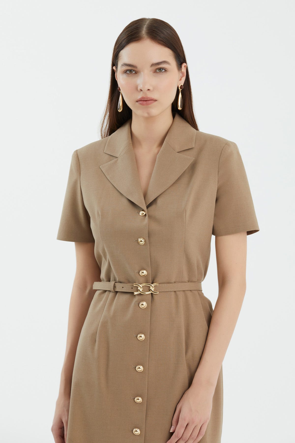 Kısa Kollu Kemerli Midi Boy Bej Elbise