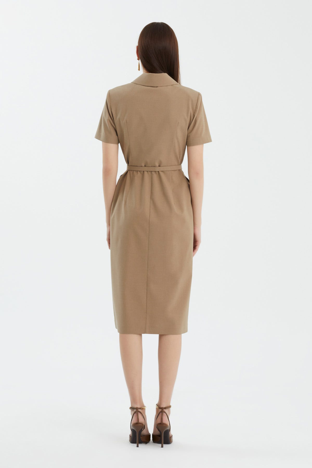Kısa Kollu Kemerli Midi Boy Bej Elbise
