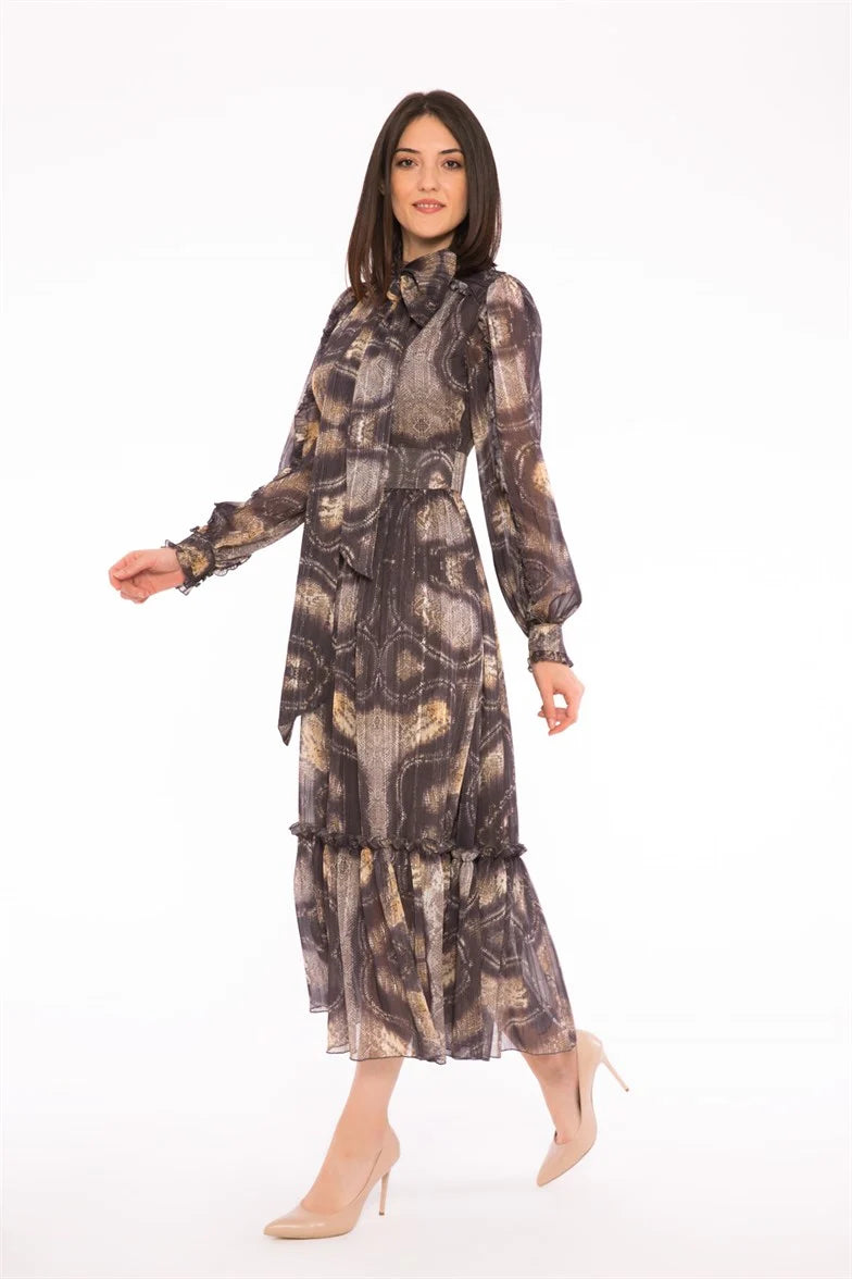 Deseli Uzun Kolllu Midi Elbise