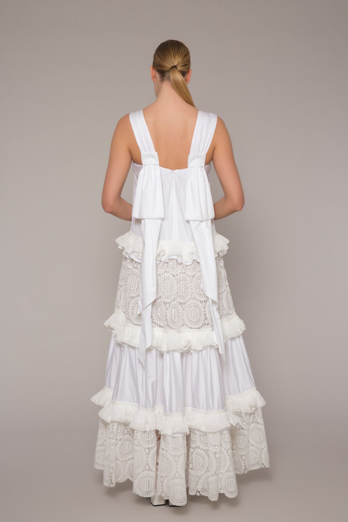 Long Lace Frilly White Dress With Thick Straps | Gizia