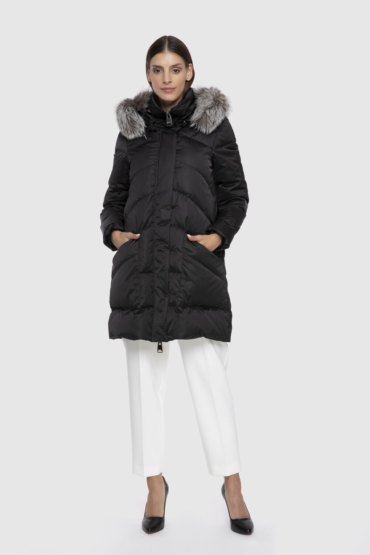 Detached Fur Collar And Cuff Detailed Black Long Inflatable Coat | Gizia