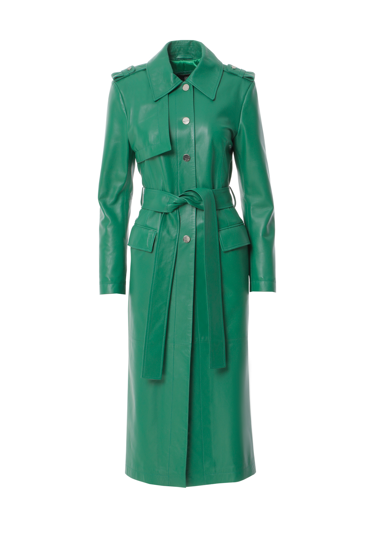 Belted Green Leather Trench Coat | Gizia