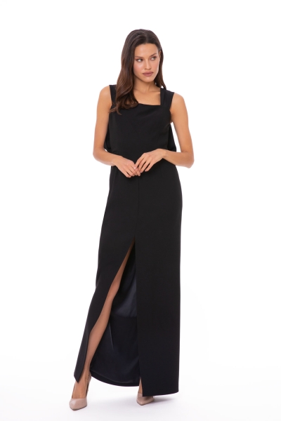 Gizia Back Bow Detailed Long Black Evening Dress with Thick Straps. 2