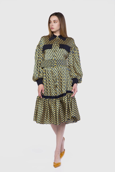 Gizia Geometric Pattern Midi Length Yellow Dress. 1