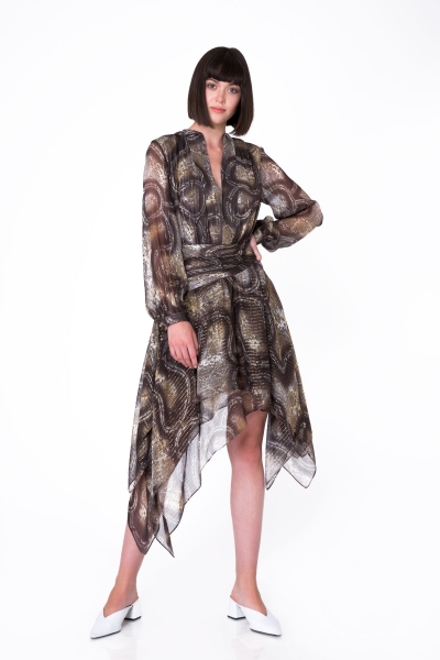 Gizia Glittery Snake Pattern Chiffon Deep V Neck Midi Length Dress. 2