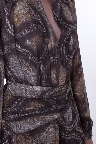 Gizia Glittery Snake Pattern Chiffon Deep V Neck Midi Length Dress. 1