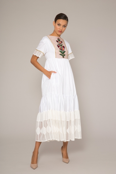 Gizia Lace Garnish, Embroidery Detailed White Poplin Dress. 1