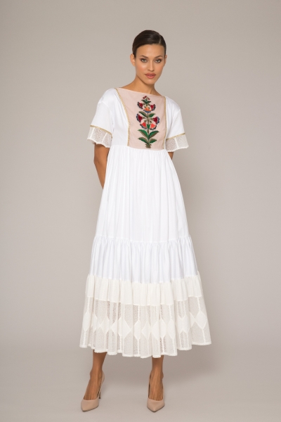 Gizia Lace Garnish, Embroidery Detailed White Poplin Dress. 2