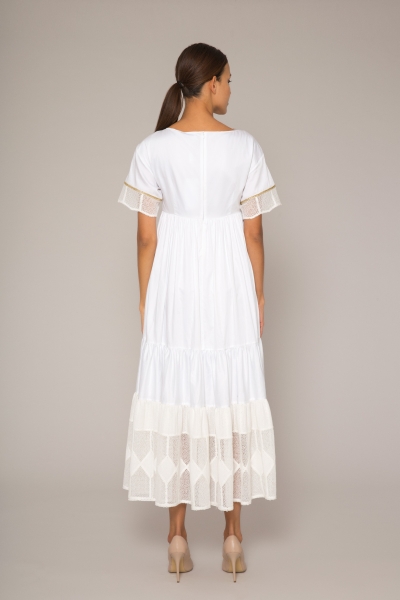 Gizia Lace Garnish, Embroidery Detailed White Poplin Dress. 3