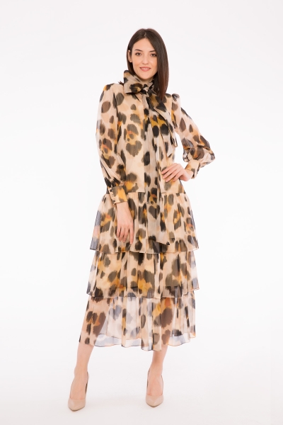Gizia Lace-up Detailed Leopard Print Chiffon Ankle-Length Dress. 1