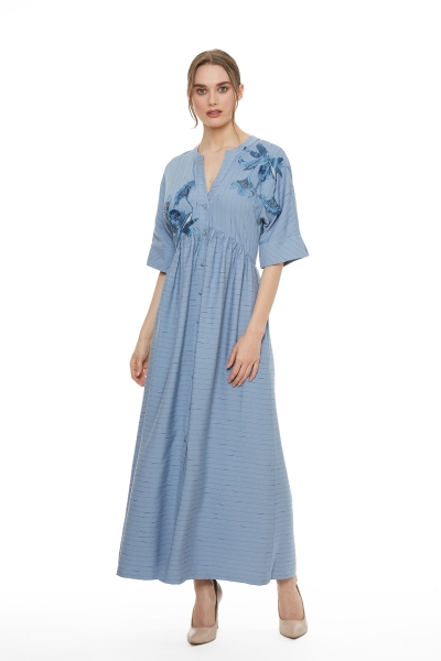 Gizia Line Patterned Embroidery And Embroidery Detailed Blue Dress. 3