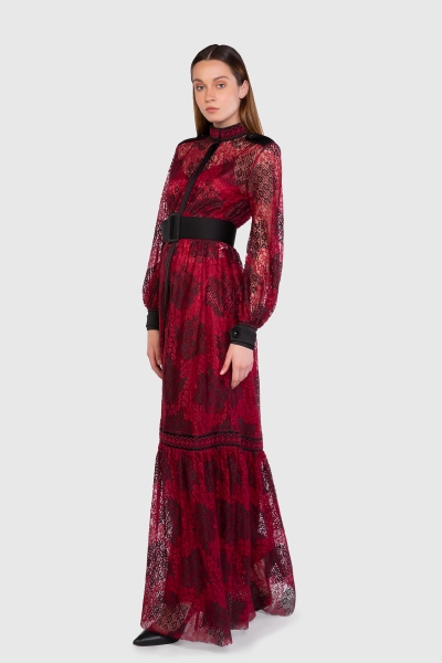 Gizia Long Lace Dress With Ribbon Detailed Stand Up Collar Belt. 2