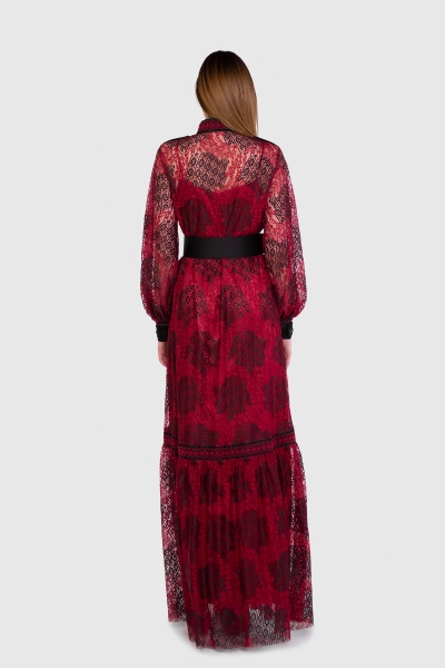 Gizia Long Lace Dress With Ribbon Detailed Stand Up Collar Belt. 1