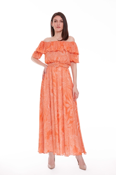 Gizia Off-Shoulder Patterned Chiffon Midi Orange Dress. 2