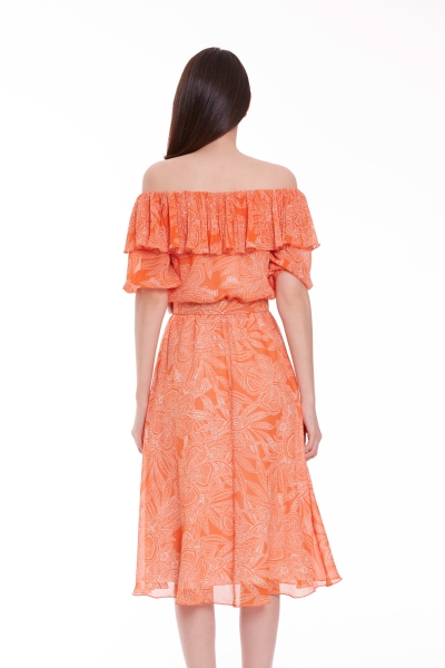 Gizia Off-Shoulder Patterned Chiffon Midi Orange Dress. 1