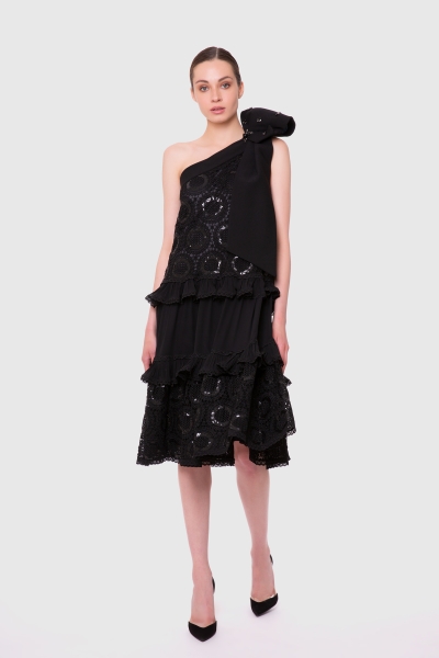 Gizia One Shoulder Embroidered Ruffle Lace Black Midi Dress. 3