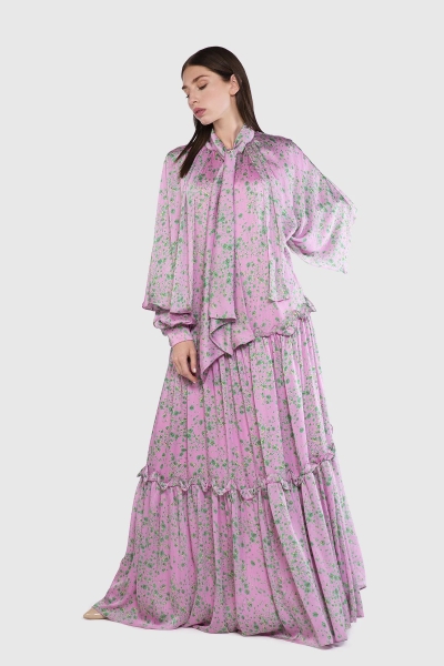Gizia Pleated Pink Maxi Length Dress With Cape Sleeves. 1