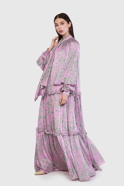 Gizia Pleated Pink Maxi Length Dress With Cape Sleeves. 2