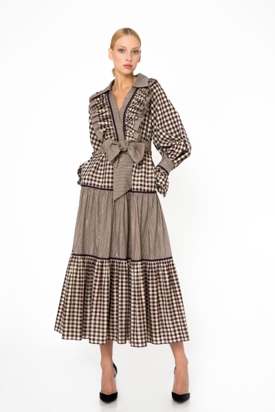 Gizia Ruffle And Collar Detailed Checked Long Dress. 1
