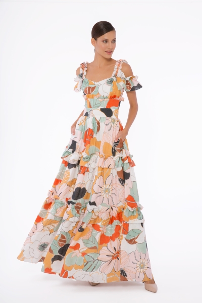 Gizia Ruffle Detailed, Embroidered, Patterned Long Ecru Dress. 1
