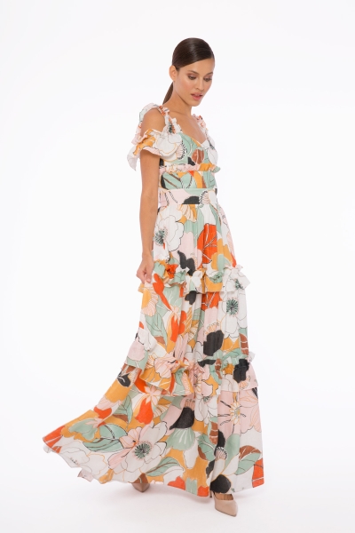 Gizia Ruffle Detailed, Embroidered, Patterned Long Ecru Dress. 2