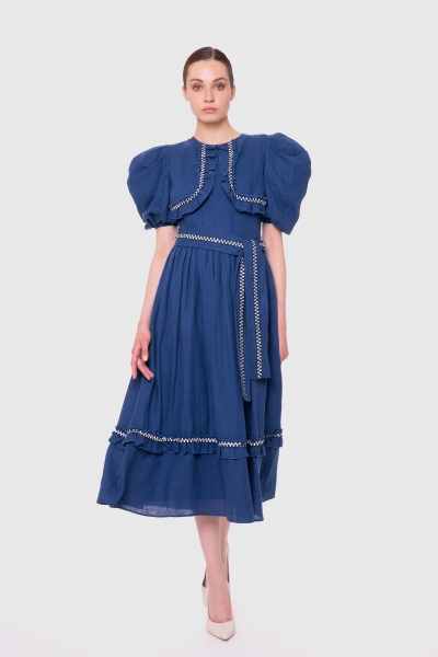 Gizia Ruffle Detailed Voluminous Sleeve Indigo Midi Dress. 1
