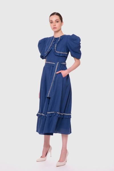 Gizia Ruffle Detailed Voluminous Sleeve Indigo Midi Dress. 3