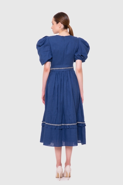 Gizia Ruffle Detailed Voluminous Sleeve Indigo Midi Dress. 2