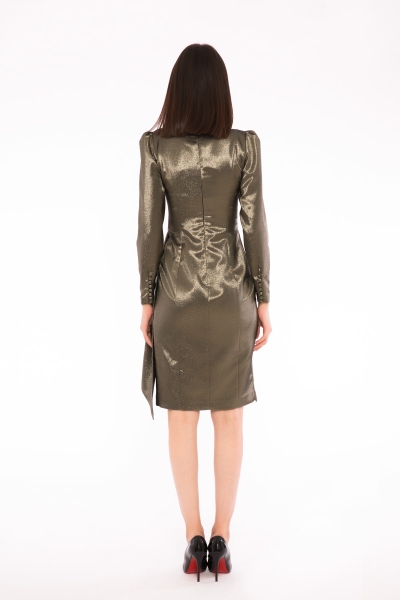 Gizia V-Neck Flounce Gold Dress with Frosted Sleeves. 2