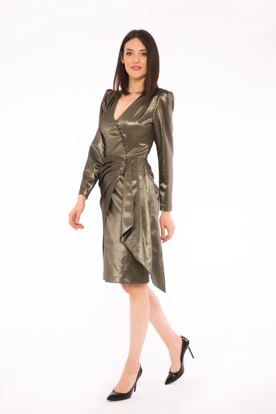 Gizia V-Neck Flounce Gold Dress with Frosted Sleeves. 3