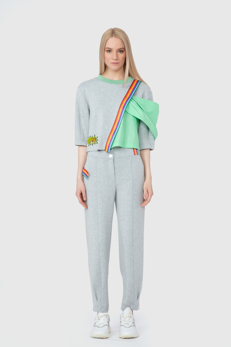 Gizia High Waist Stripe Accessory Detailed Gray Tracksuit Bottom. 3