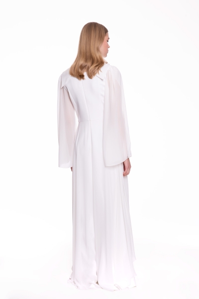 Gizia Stone Embroidered, Sleeves Chiffon Ecru Long Dress. 3