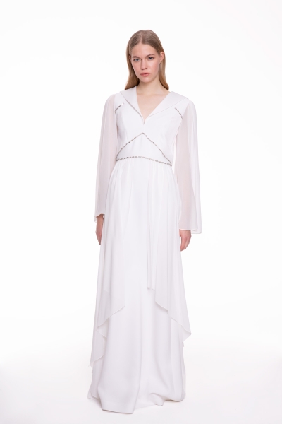 Gizia Stone Embroidered, Sleeves Chiffon Ecru Long Dress. 1
