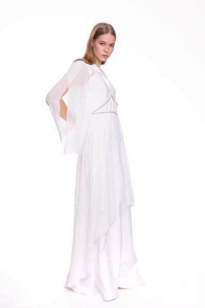 Gizia Stone Embroidered, Sleeves Chiffon Ecru Long Dress. 2